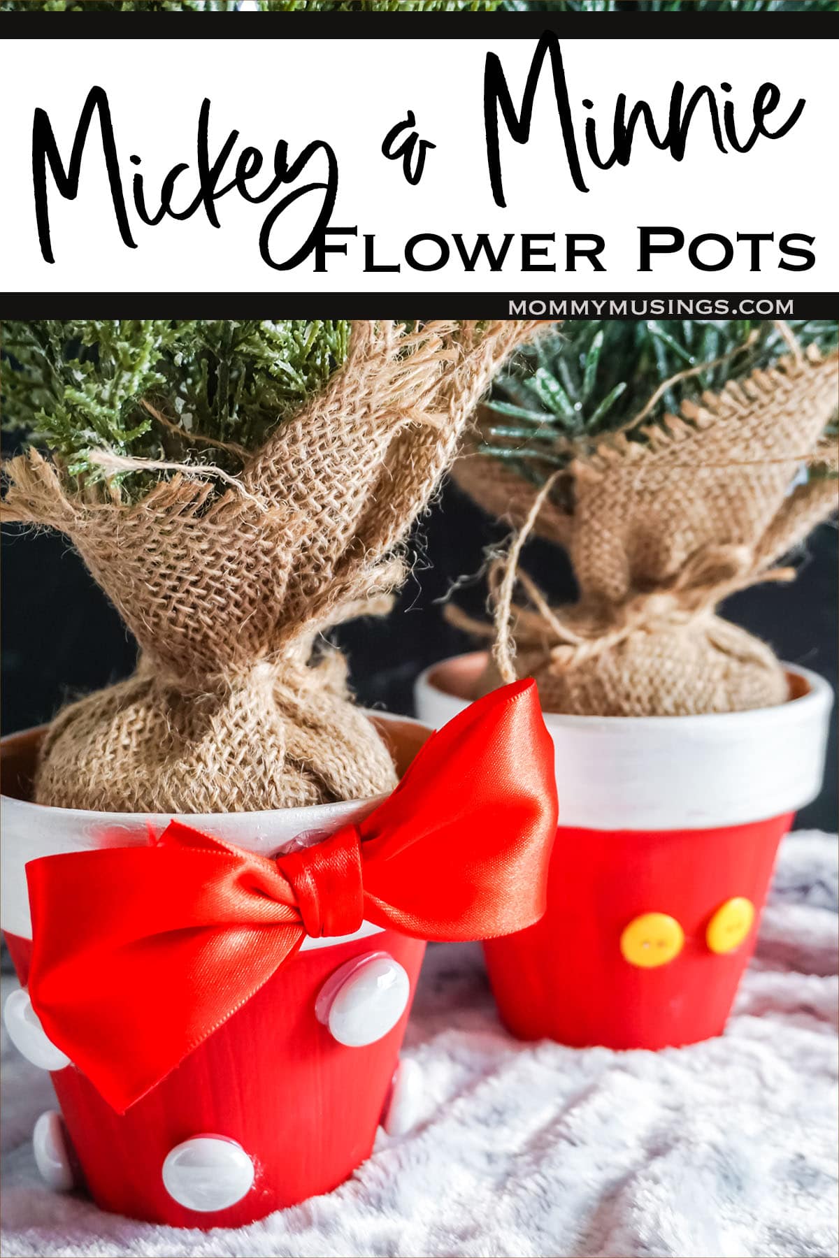 disney inspired terra cotta pots for christmas with text which reads mickey and minnie christmas pots